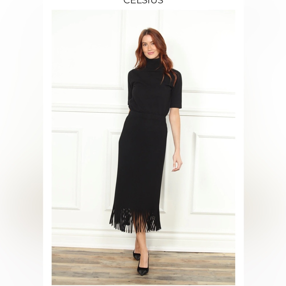 Black Fringe Pleated Maxi Skirt. NWOT